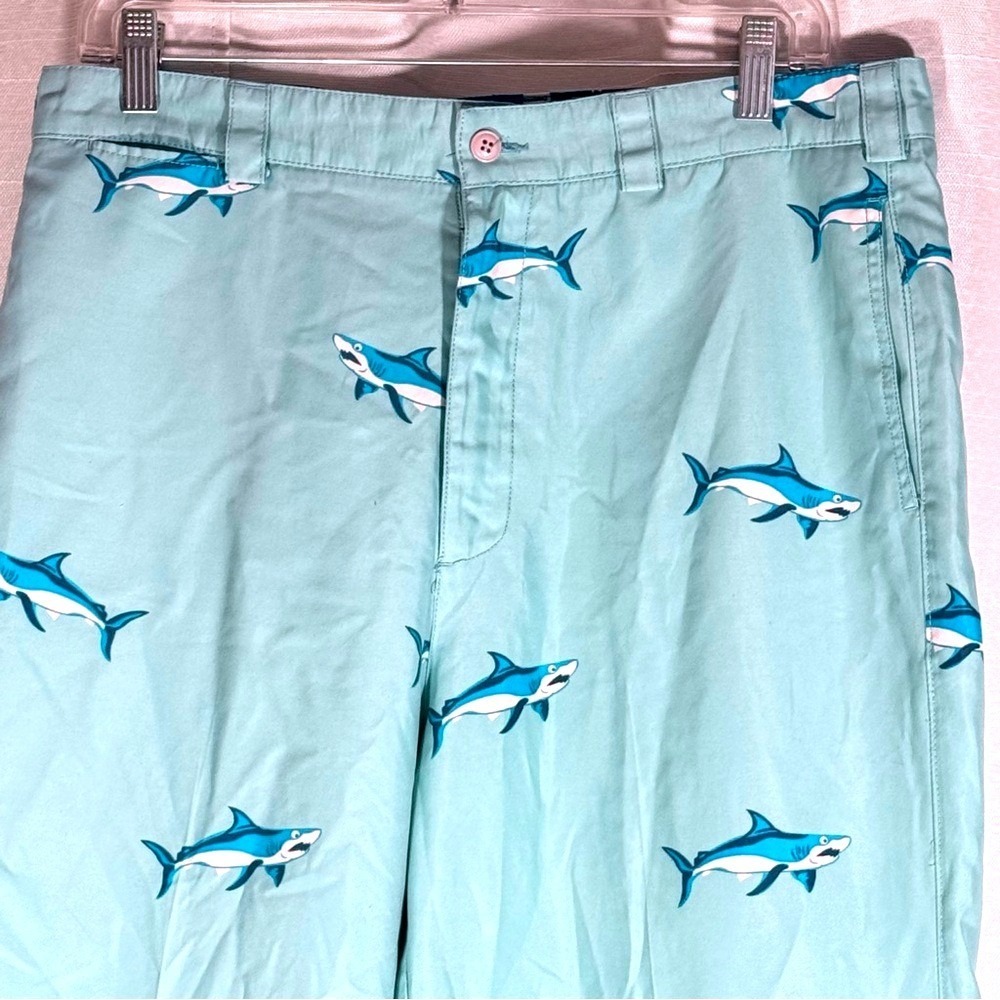 Bermuda Styles light turquoise Blue Shark Print Casual Pants 33 x 29.5"